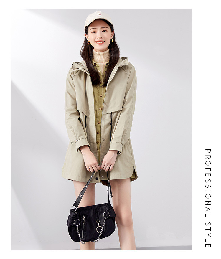 春季时尚连帽抽绳收腰休闲简约风衣女中长款外套