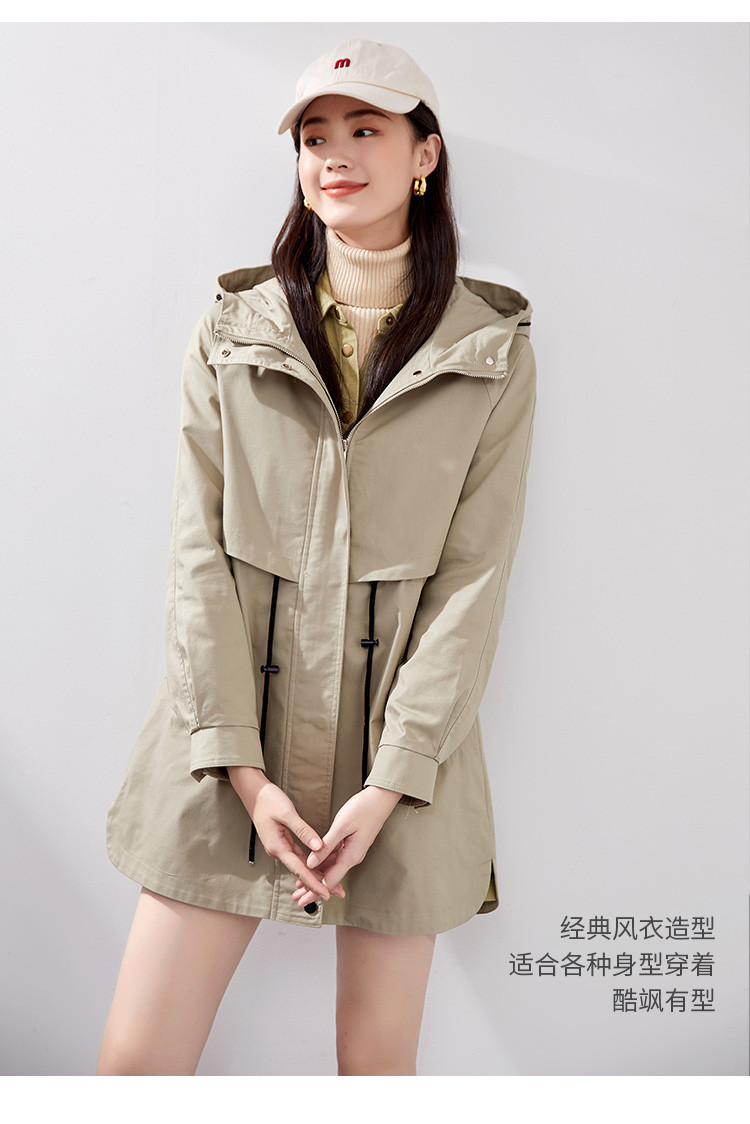 春季时尚连帽抽绳收腰休闲简约风衣女中长款外套