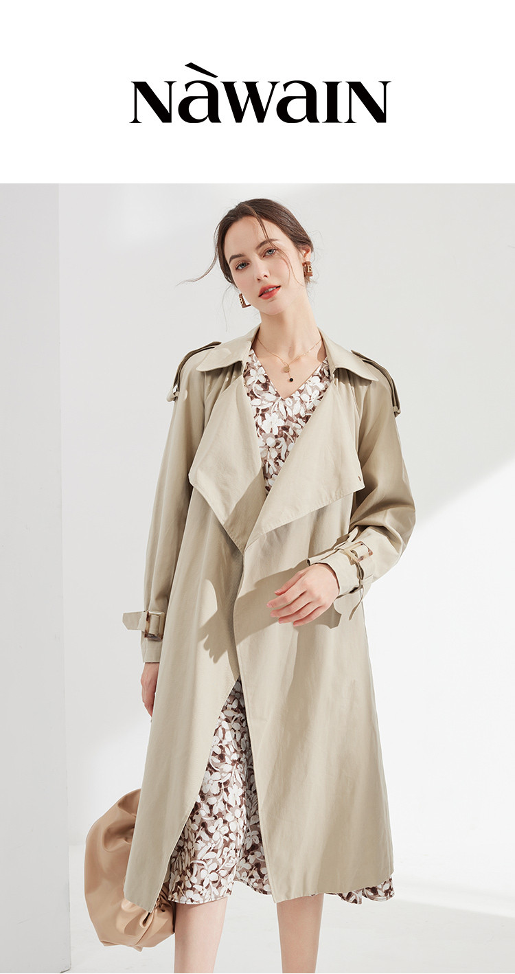 【专柜同款】春装新款气质系带显瘦翻领风衣女中长款女式外套