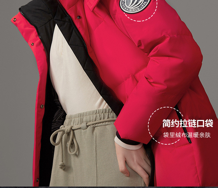 【精选好物】简洁可脱帽印花内里潮酷中长款保暖女式羽绒服