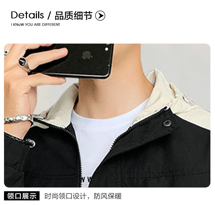 春季新款男式时尚经典百搭简约撞色印花拉链连帽工装休闲夹克外套