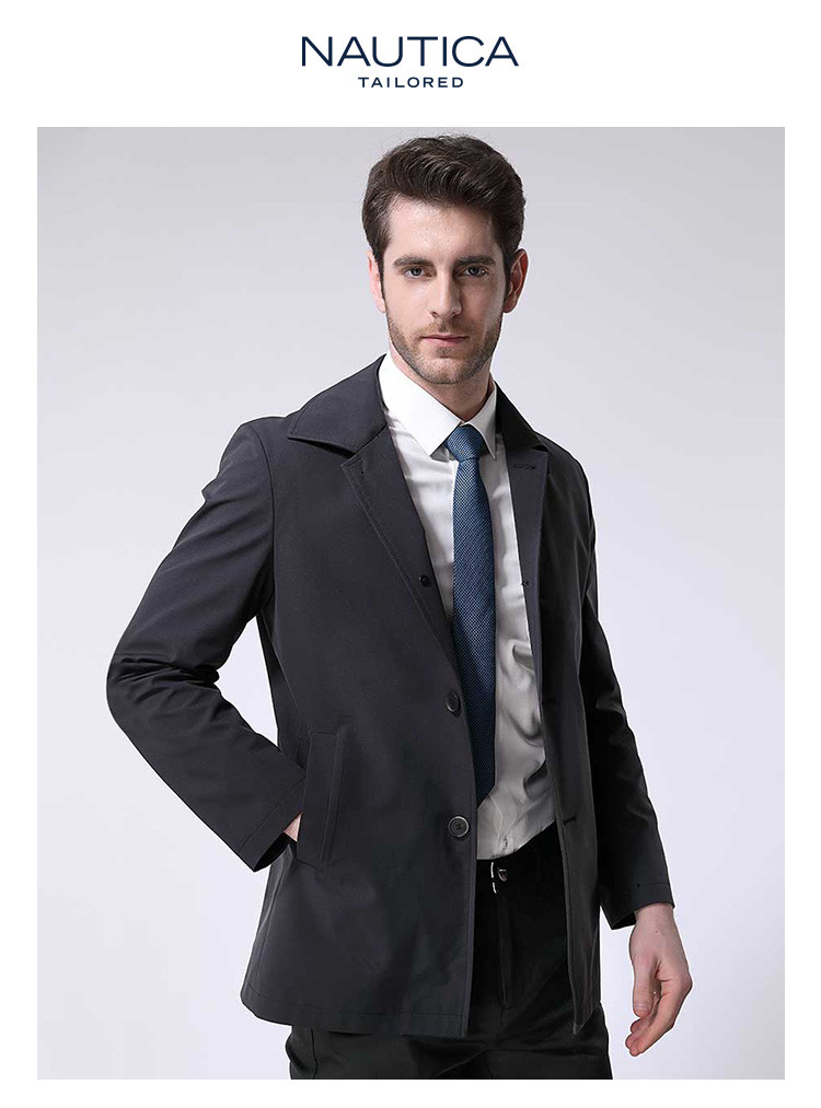 Nautica Tailored春季男士中长款纯色单排扣挺阔有型风衣