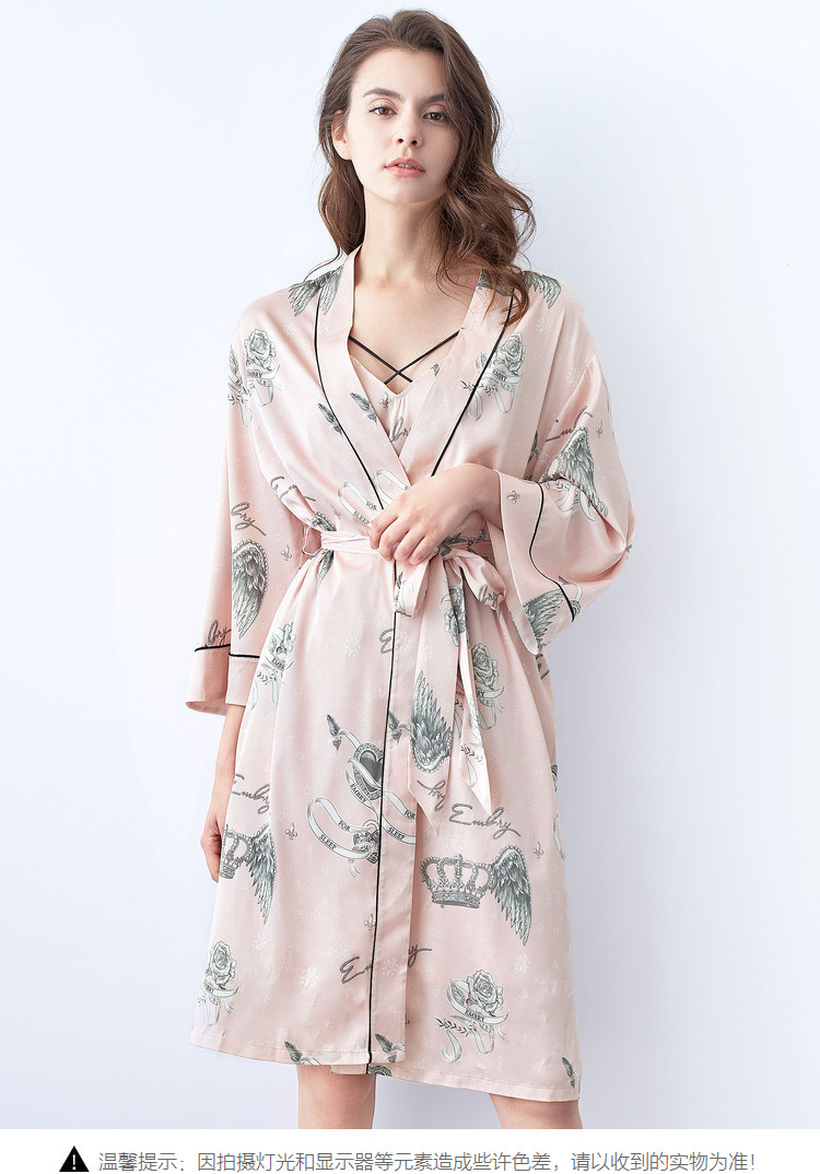 【冰丝长袖印花睡袍】薄款和服式系带家居服