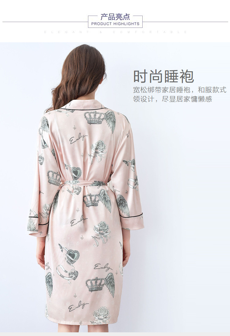 【冰丝长袖印花睡袍】薄款和服式系带家居服
