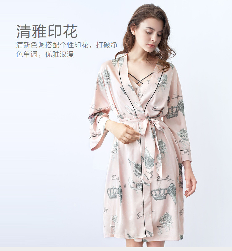 【冰丝长袖印花睡袍】薄款和服式系带家居服
