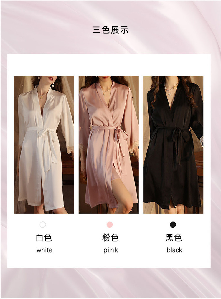 新款睡衣女袖口拼接蕾丝系带睡袍浴袍家居服