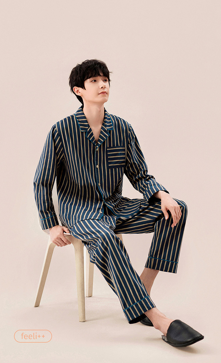 【时尚条纹印花 舒眠亲肤】睡衣男春翻领休闲翻领开衫家居服套装