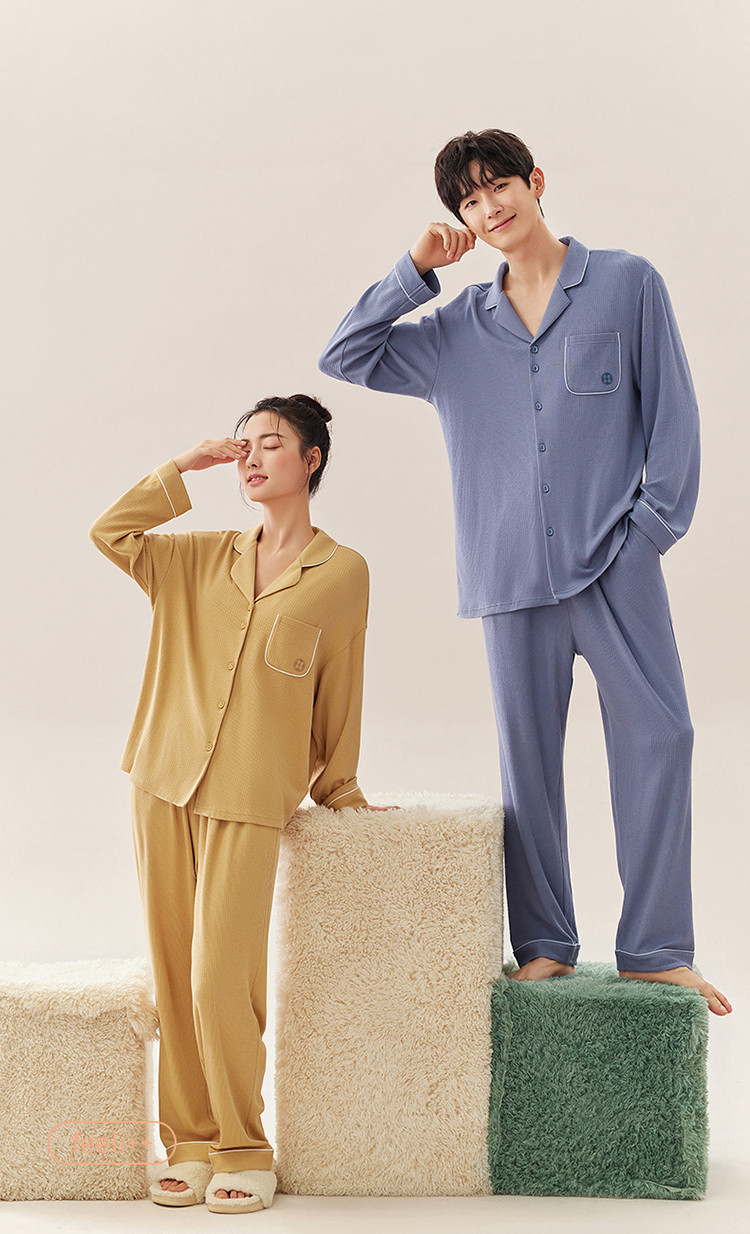 【简约时尚 情侣款】睡衣女春秋翻领弹力开衫宽松家居服套装