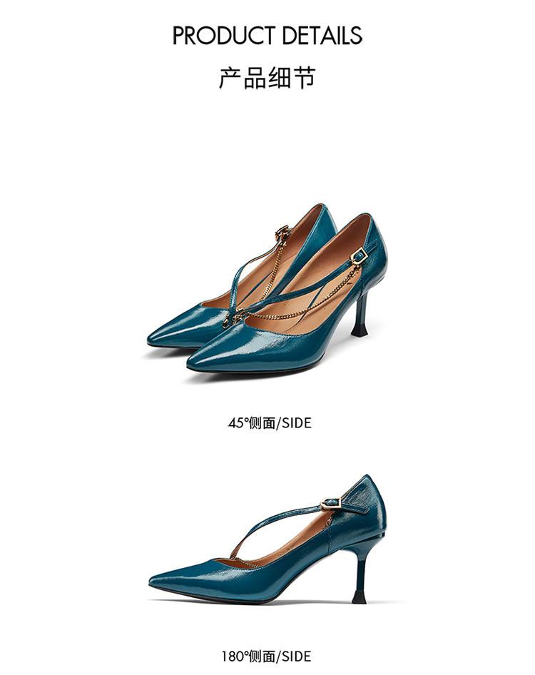蹀愫秋季透气仙女链条多穿宝藏鞋尖头高跟鞋女细跟单鞋真皮