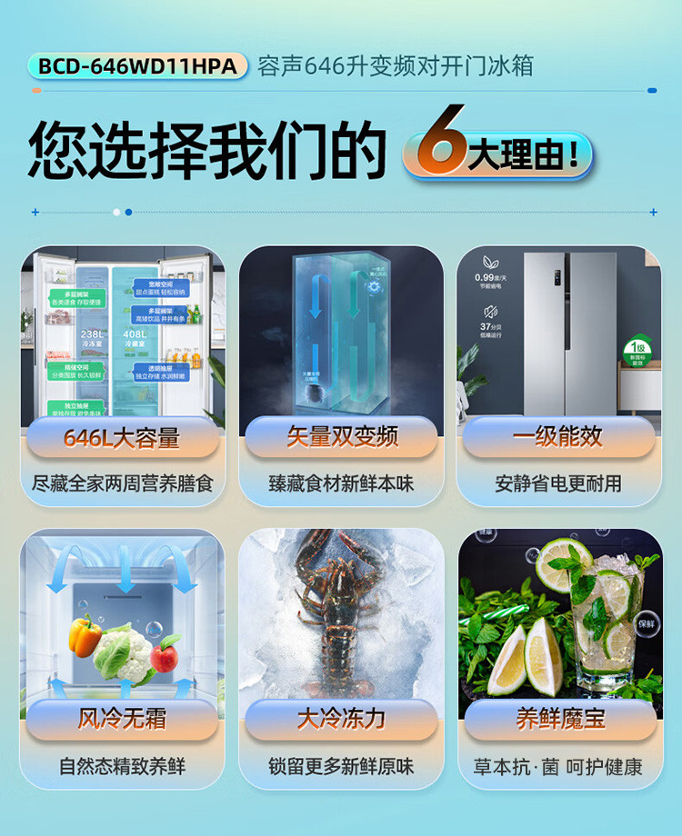 【一级能效节能】646升对开门大容量变频风冷无霜双开门冰箱家用