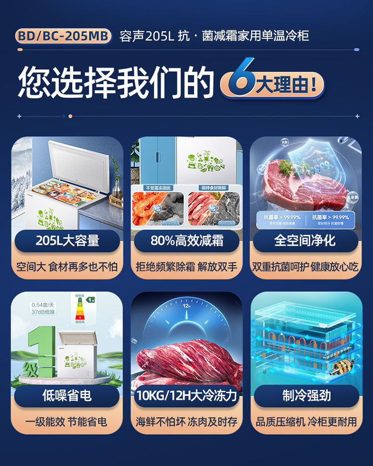 【高效减霜80%】205升冰柜冷柜家用大容量卧式商用一级能效节能