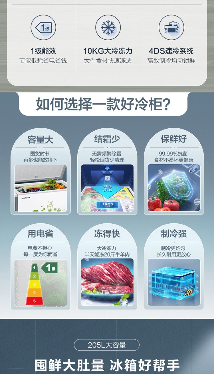 【高效减霜80%】205升冰柜冷柜家用大容量卧式商用一级能效节能