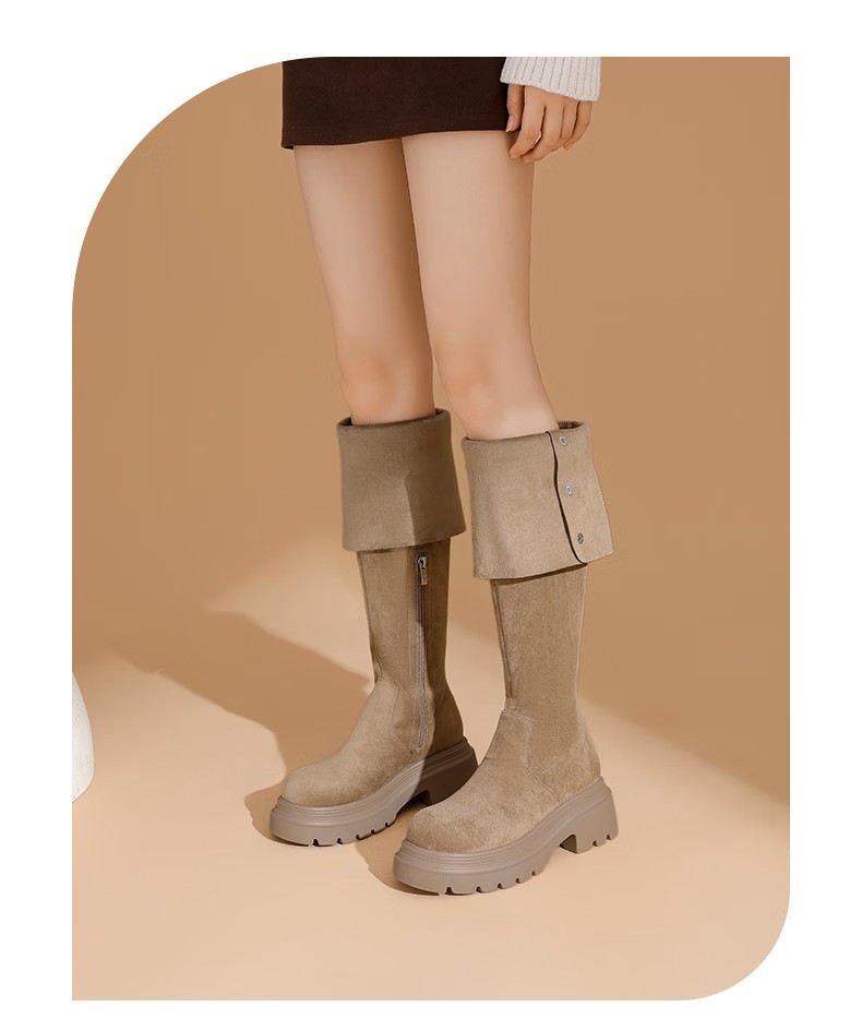 达芙妮官方过膝长筒靴女2025秋冬爆款美拉德厚底时装靴两穿翻折靴子女 卡其色【过膝or翻折 可两穿】 37