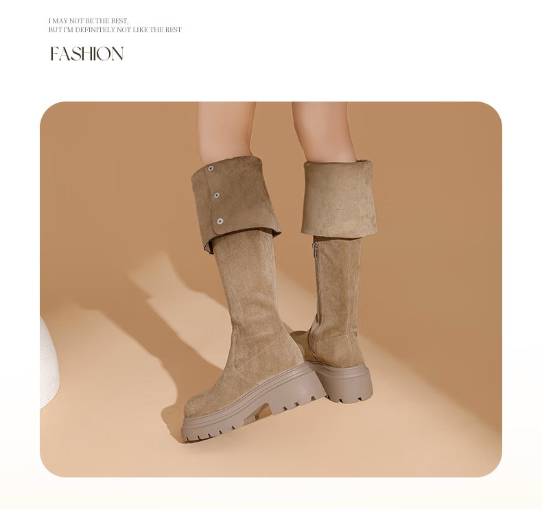 达芙妮官方过膝长筒靴女2025秋冬爆款美拉德厚底时装靴两穿翻折靴子女 卡其色【过膝or翻折 可两穿】 37