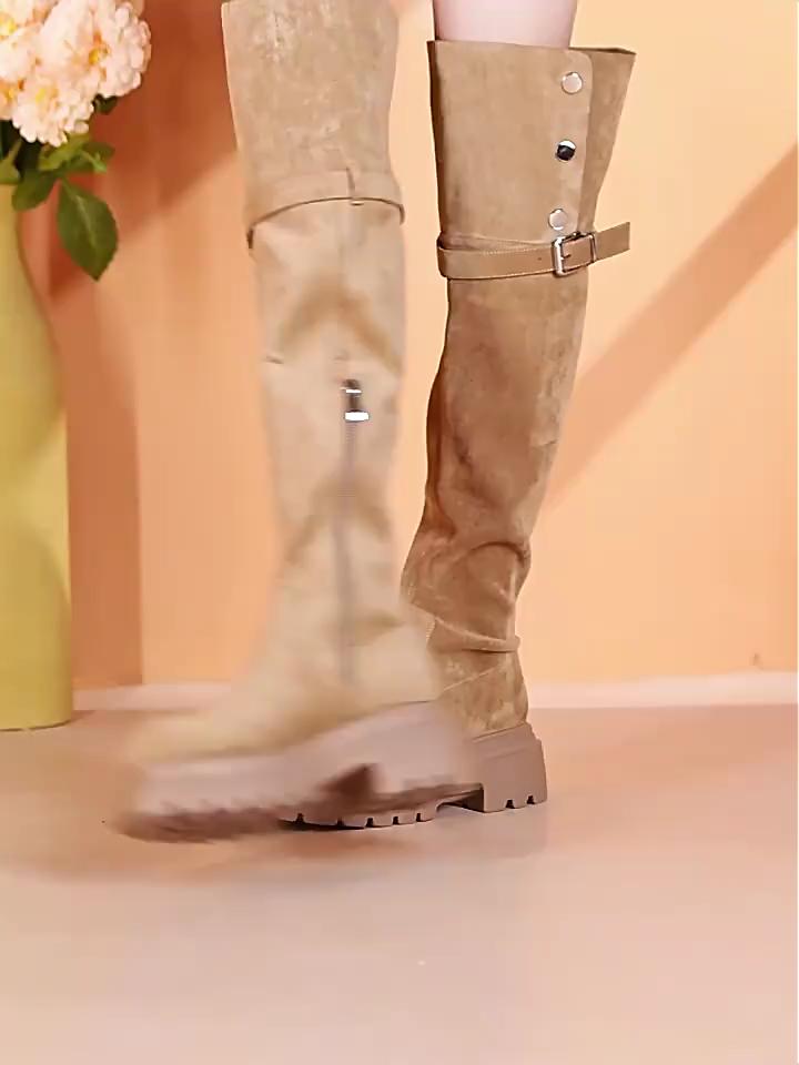 达芙妮官方过膝长筒靴女2025秋冬爆款美拉德厚底时装靴两穿翻折靴子女 卡其色【过膝or翻折 可两穿】 37