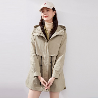 春季时尚连帽抽绳收腰休闲简约风衣女中长款外套