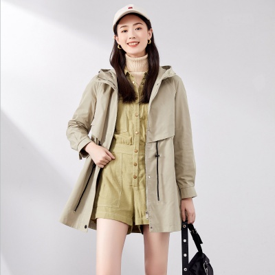 春季时尚连帽抽绳收腰休闲简约风衣女中长款外套
