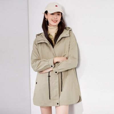 春季时尚连帽抽绳收腰休闲简约风衣女中长款外套