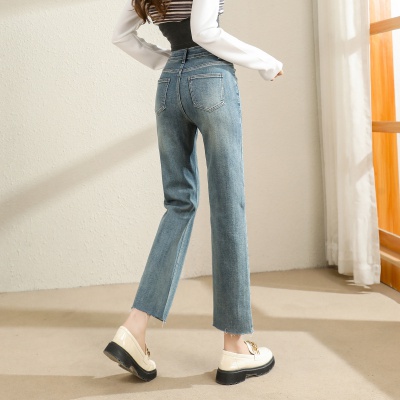 [High waist, thin and high burr straight-leg pants] Spring and summer new fashionable versatile washed nine-point pants jeans for women