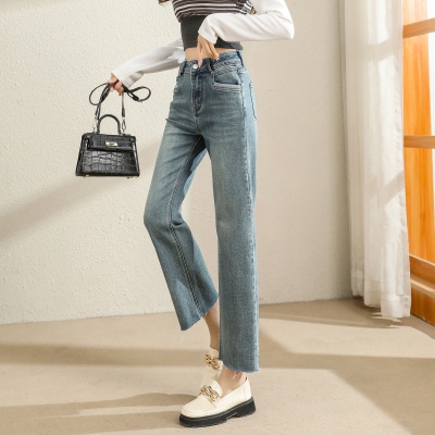 [High waist, thin and high burr straight-leg pants] Spring and summer new fashionable versatile washed nine-point pants jeans for women