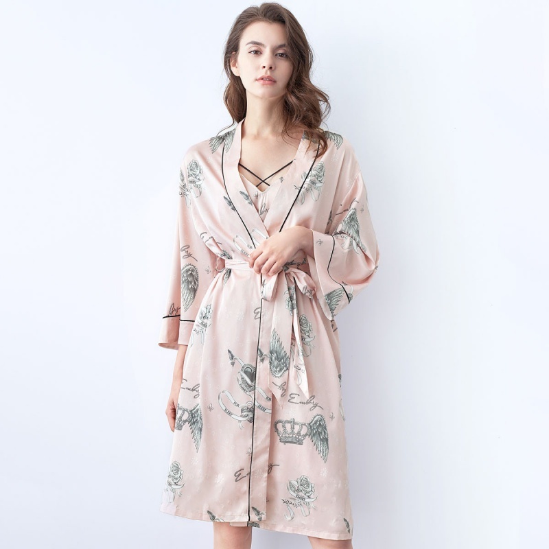 【冰丝长袖印花睡袍】薄款和服式系带家居服