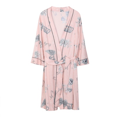 【冰丝长袖印花睡袍】薄款和服式系带家居服