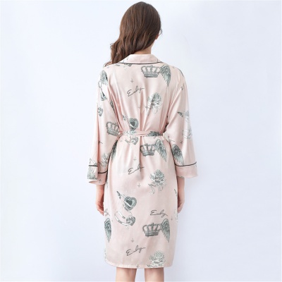 【冰丝长袖印花睡袍】薄款和服式系带家居服