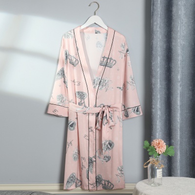 【冰丝长袖印花睡袍】薄款和服式系带家居服
