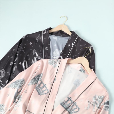【冰丝长袖印花睡袍】薄款和服式系带家居服