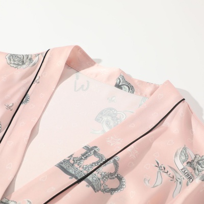 【冰丝长袖印花睡袍】薄款和服式系带家居服