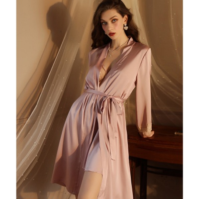 新款睡衣女袖口拼接蕾丝系带睡袍浴袍家居服