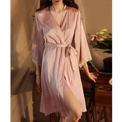 新款睡衣女袖口拼接蕾丝系带睡袍浴袍家居服