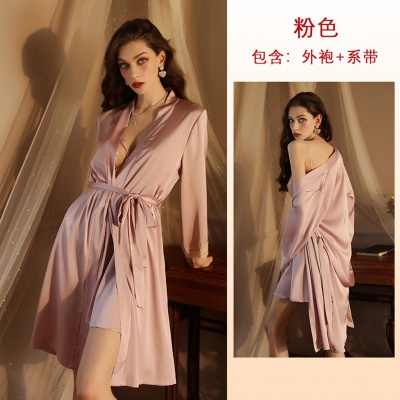 新款睡衣女袖口拼接蕾丝系带睡袍浴袍家居服