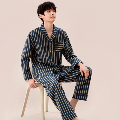 【时尚条纹印花 舒眠亲肤】睡衣男春翻领休闲翻领开衫家居服套装