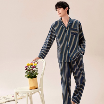 【时尚条纹印花 舒眠亲肤】睡衣男春翻领休闲翻领开衫家居服套装