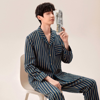 【时尚条纹印花 舒眠亲肤】睡衣男春翻领休闲翻领开衫家居服套装