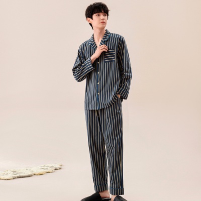 【时尚条纹印花 舒眠亲肤】睡衣男春翻领休闲翻领开衫家居服套装