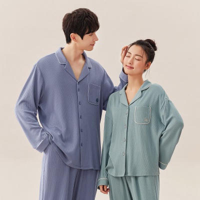 【简约时尚 情侣款】睡衣女春秋翻领弹力开衫宽松家居服套装