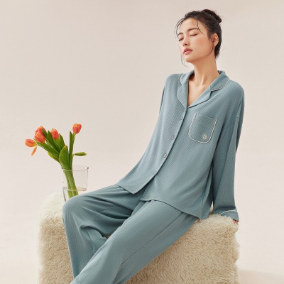 【简约时尚 情侣款】睡衣女春秋翻领弹力开衫宽松家居服套装