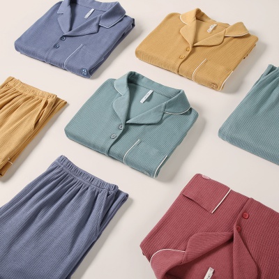 【简约时尚 情侣款】睡衣女春秋翻领弹力开衫宽松家居服套装