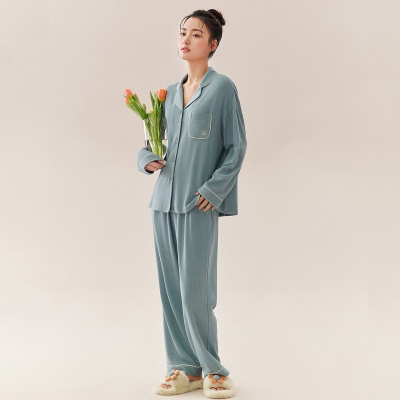 【简约时尚 情侣款】睡衣女春秋翻领弹力开衫宽松家居服套装
