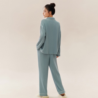 【简约时尚 情侣款】睡衣女春秋翻领弹力开衫宽松家居服套装