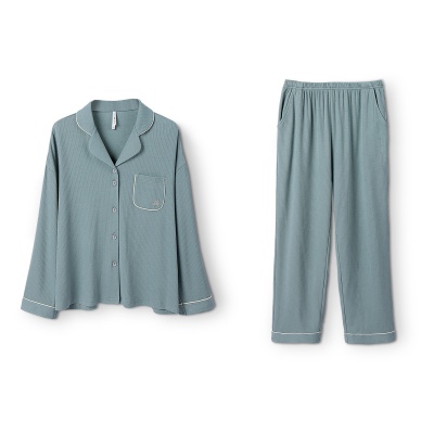 【简约时尚 情侣款】睡衣女春秋翻领弹力开衫宽松家居服套装