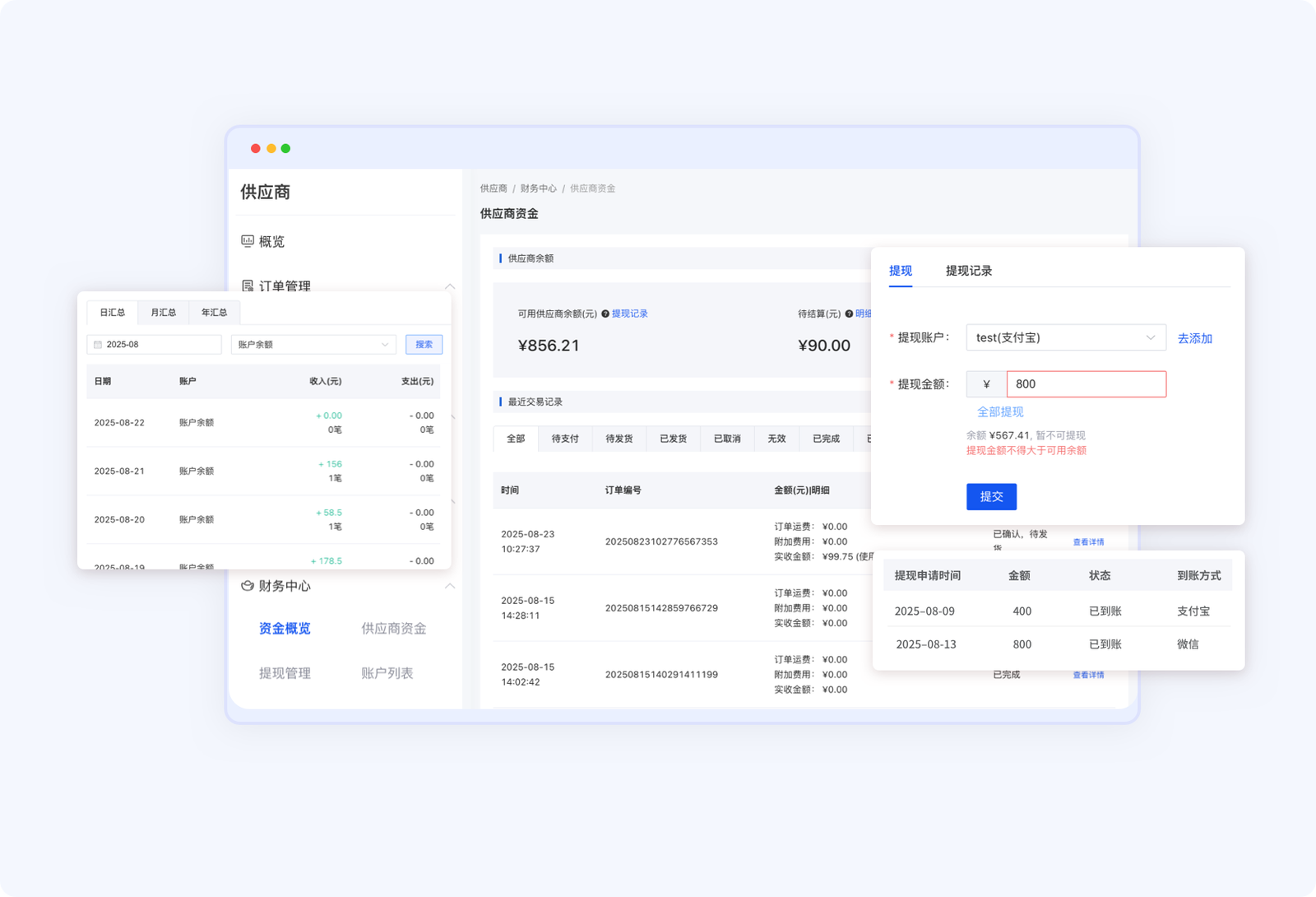 Tigshop S2B2C商城系统资金管理系统界面：显示资金概览、实时财务数据、多账户管理和提现申请流程
