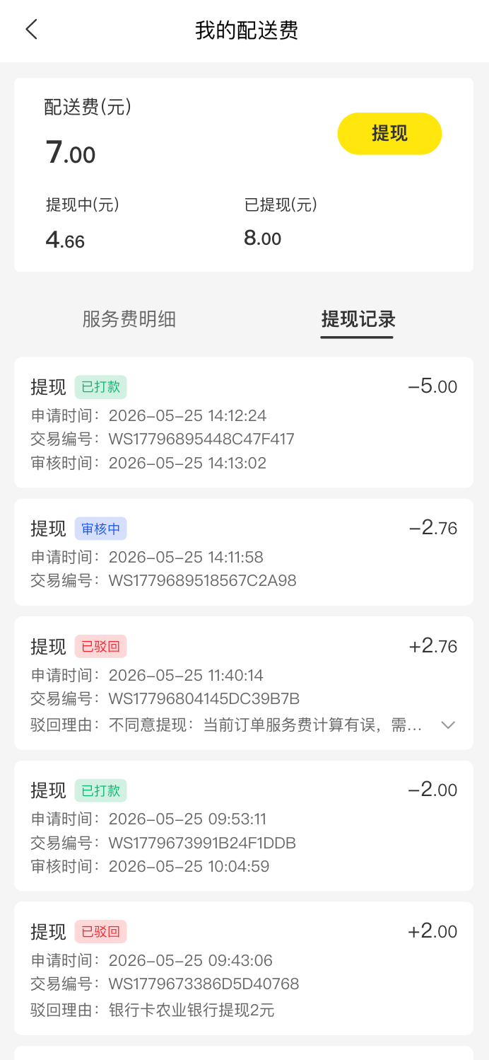 Tigshop 骑手配送收益提现申请与进度查询界面